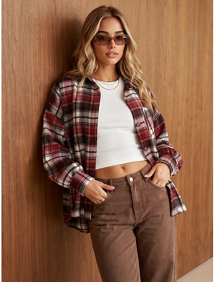 Dámská oversize flanelová košile s kostkovaným vzorem v bordó barvě FashionStreet DY0502