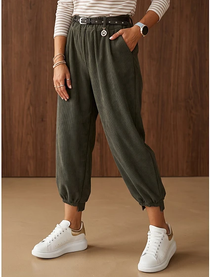 Dámské bavlněné manšestrové kalhoty s páskem, khaki, FashionStreet UY3172