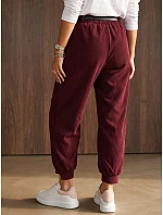Dámské bavlněné manšestrové kalhoty s páskem, vínové, FashionStreet UY3173 Dámské bavlněné manšestrové kalhoty s páskem, vínové, FashionStreet UY3173