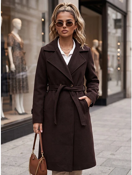 płaszcz damski z paskiem czekoladowy model 22546881 - FashionStreet płaszcz damski z paskiem czekoladowy model 22546881 - FashionStreet