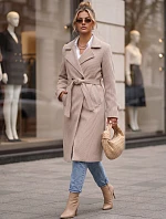 Dlouhý dámský dvouřadý kabát s páskem, béžový, FashionStreet NY0805