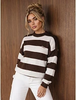 Dámský pruhovaný svetr s broží v bílo-čokoládové barvě FashionStreet MY2606 Dámský pruhovaný svetr s broží v bílo-čokoládové barvě FashionStreet MY2606