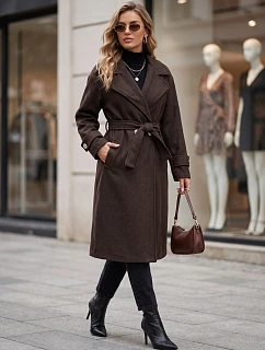 Dlouhý dámský kabát s vázáním v pase, čokoládová barva, FashionStreet NY0808
