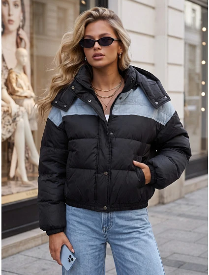 Dámská prošívaná péřová bunda s kapucí, černá, FashionStreet TY6087