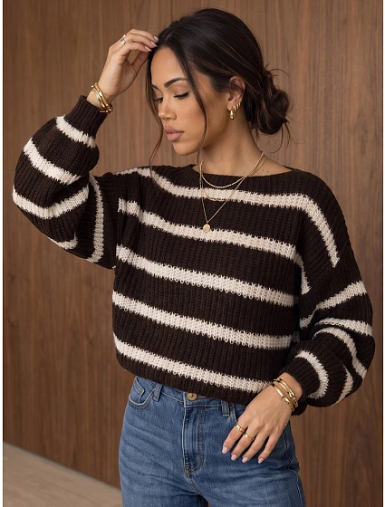 Dámský oversize svetr s pruhy a nastavitelným pasem, hnědý, FashionStreet MY2613