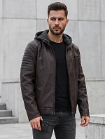 Pánská kožená zateplená bunda s kapucí, hnědá, FashionStreet TX5142