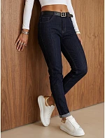 Jeansy damskie mom fit z wysokim stanem i paskiem granatowe UY3248 Jeansy damskie mom fit z wysokim stanem i paskiem granatowe UY3248
