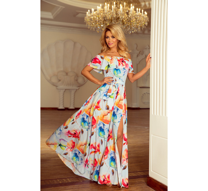 Dlouhé dámské šaty se vzorem barevných malovaných květů a s výstřihem ve španělském stylu model 6059209