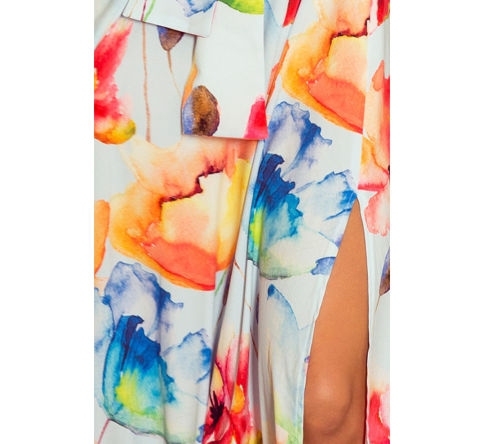 Dlouhé dámské šaty se vzorem barevných malovaných květů a s výstřihem ve španělském stylu model 6059209