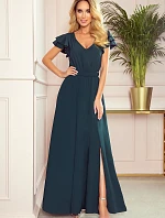 LIDIA - Dlouhé dámské šaty v lahvově zelené barvě s výstřihem a volánky 310-1