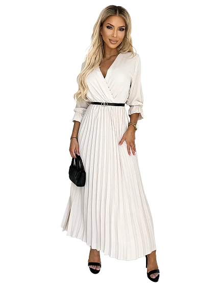 Béžové dámské plisované maxi šaty s výstřihem, opaskem a 3/4 rukávy model 22309649 - numoco basic