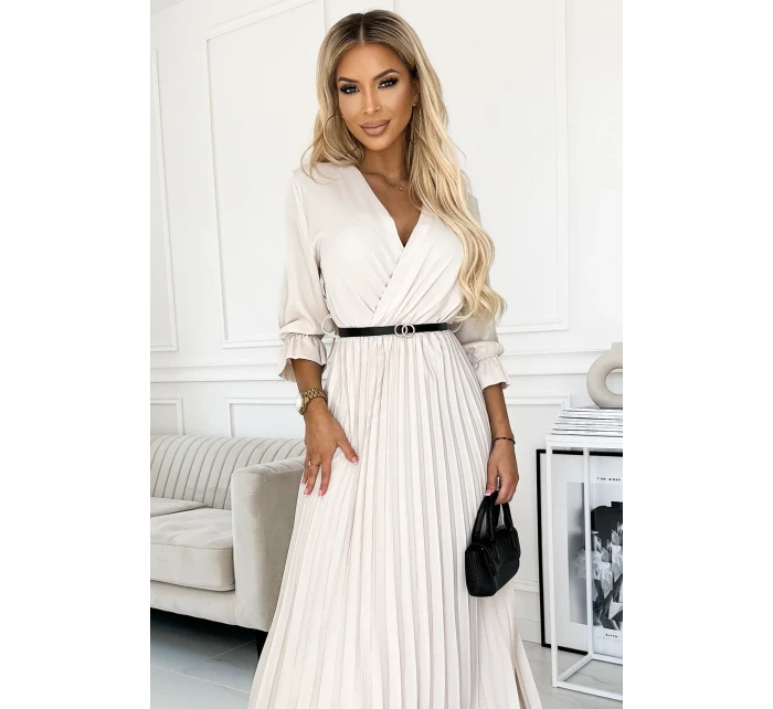 462-1 SERENA Plisované maxi šaty s výstřihem, páskem a 3/4 rukávy - BEACH 462-1 SERENA Plisované maxi šaty s výstřihem, páskem a 3/4 rukávy - BEACH