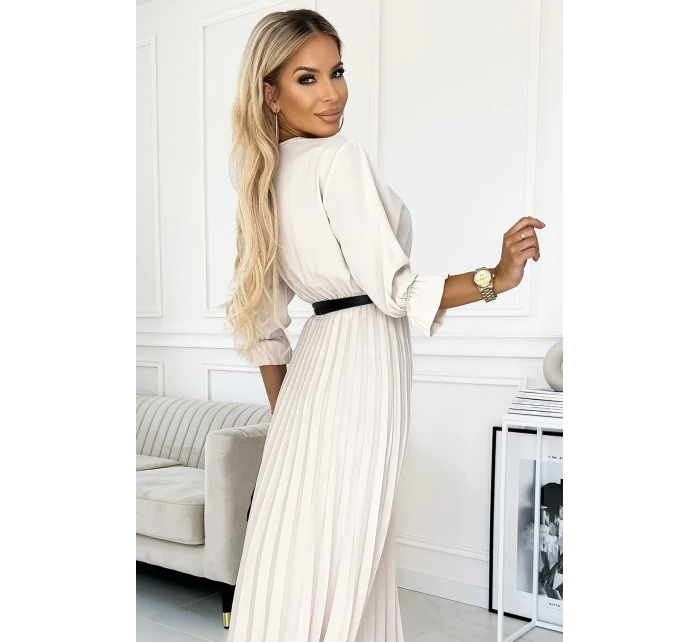 462-1 SERENA Plisované maxi šaty s výstřihem, páskem a 3/4 rukávy - BEACH 462-1 SERENA Plisované maxi šaty s výstřihem, páskem a 3/4 rukávy - BEACH