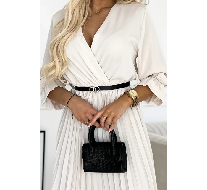 462-1 SERENA Plisované maxi šaty s výstřihem, páskem a 3/4 rukávy - BEACH 462-1 SERENA Plisované maxi šaty s výstřihem, páskem a 3/4 rukávy - BEACH