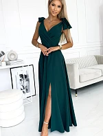405-4 ELENA Dlouhé šaty s výstřihem a zavazováním na ramenou - BOTTLE GREEN