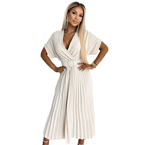 471-1 FELICIA Plisované midi šaty s výstřihem a širokým páskem - BEACH