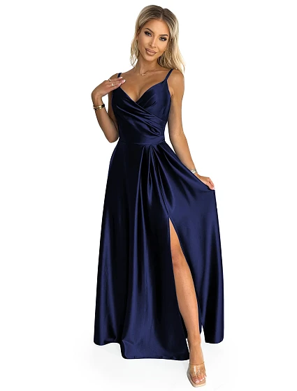 CHIARA Elegantní tmavě modré dámské dlouhé saténové maxi šaty na ramínkách model 18925689 - numoco