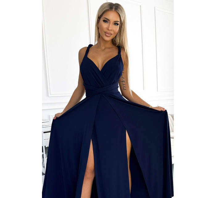 Tmavě modré elegantní dlouhé dámské šaty s různými způsoby vázání 509-1