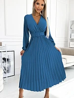 504-5 VIVIANA Plisované midi šaty se srdíčkovým výstřihem, dlouhými rukávy a širokým páskem - barva JEANS