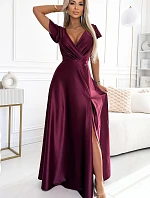 411-10 CRYSTAL saténové dlouhé šaty s výstřihem - bordó
