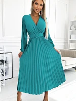 504-6 VIVIANA Plisované midi šaty se srdíčkovým výstřihem, dlouhými rukávy a širokým páskem - barva MARINE
