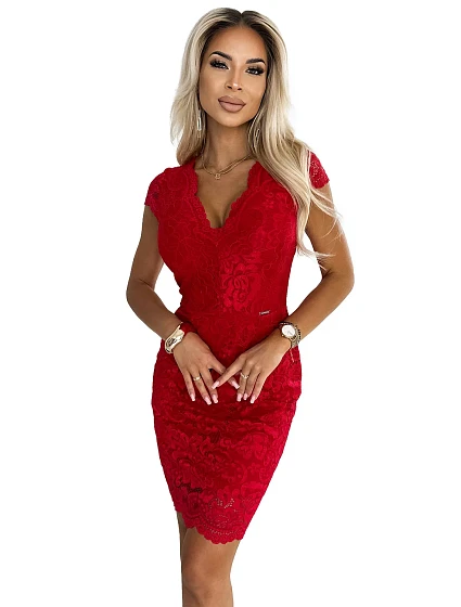 Červené dámské krajkové šaty s krátkými rukávy a výstřihem model 20219308 - numoco