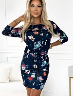 13-160 Sportovní šaty s kravatou - KVĚTINY na tmavě modrém pozadí