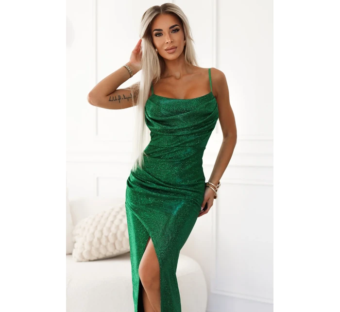 zelené lesklé dámské nařasené šaty model 21819830 - numoco basic zelené lesklé dámské nařasené šaty model 21819830 - numoco basic