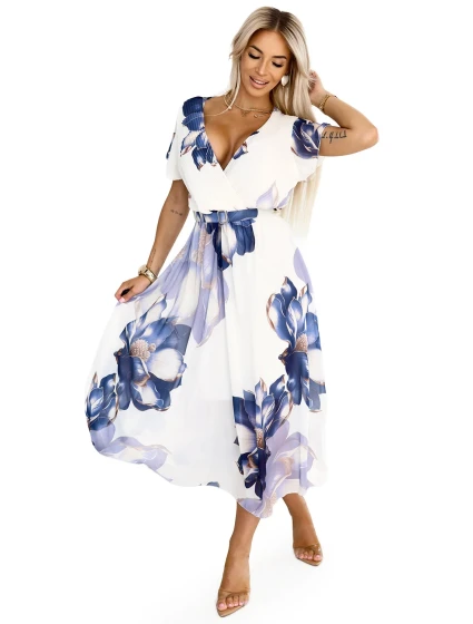 Vzdušné midi šaty s obálkovým výstřihem a velkým květinovým vzorem v model 21819836 - numoco basic Vzdušné midi šaty s obálkovým výstřihem a velkým květinovým vzorem v model 21819836 - numoco basic