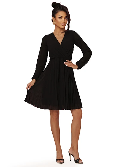 ISABELLE plisované šaty s dlouhými rukávy a výstřihem BLACK model 21215944 - numoco
