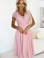 381-6 Lehké šifonové šaty LINDA s krajkovým výstřihem - BRUCE PINK