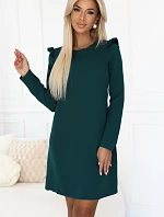 264-2 NELL Elegantní trapézové šaty s volánky na ramenou - lahvově zelené