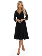 657-1 Elegantní midi šaty s obálkovým výstřihem a tylovými rukávy - černé 657-1 Elegantní midi šaty s obálkovým výstřihem a tylovými rukávy - černé