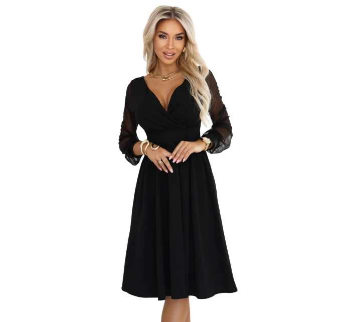 657-1 Elegantní midi šaty s obálkovým výstřihem a tylovými rukávy - černé 657-1 Elegantní midi šaty s obálkovým výstřihem a tylovými rukávy - černé