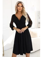 657-1 Elegantní midi šaty s obálkovým výstřihem a tylovými rukávy - černé 657-1 Elegantní midi šaty s obálkovým výstřihem a tylovými rukávy - černé