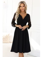 657-1 Elegantní midi šaty s obálkovým výstřihem a tylovými rukávy - černé 657-1 Elegantní midi šaty s obálkovým výstřihem a tylovými rukávy - černé