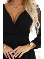 657-1 Elegantní midi šaty s obálkovým výstřihem a tylovými rukávy - černé 657-1 Elegantní midi šaty s obálkovým výstřihem a tylovými rukávy - černé