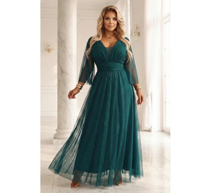 Dlouhé lesklé plus size šaty s výstřihem a rukávy lahvově zelené model 21808977 - numoco basic Dlouhé lesklé plus size šaty s výstřihem a rukávy lahvově zelené model 21808977 - numoco basic