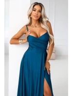646-2 Dlouhé večerní šaty bez ramínek s rozparkem na nohou - námořnické barvy