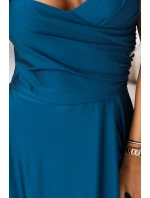 646-2 Dlouhé večerní šaty bez ramínek s rozparkem na nohou - námořnické barvy