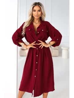 651-2 Emery - kostkované midi šaty s knoflíky a páskem - vínové