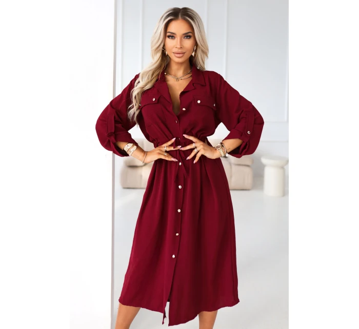 651-2 Emery - kostkované midi šaty s knoflíky a páskem - vínové 651-2 Emery - kostkované midi šaty s knoflíky a páskem - vínové