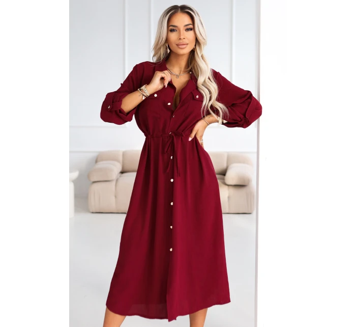 651-2 Emery - kostkované midi šaty s knoflíky a páskem - vínové 651-2 Emery - kostkované midi šaty s knoflíky a páskem - vínové