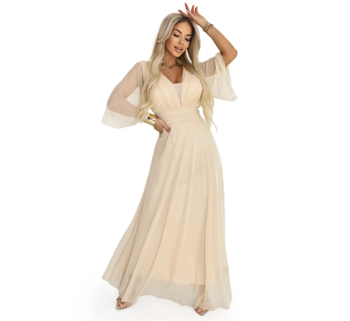 654-2 Dlouhé třpytivé plus size šaty s výstřihem a průhlednými rukávy - šampaňsko-béžové 654-2 Dlouhé třpytivé plus size šaty s výstřihem a průhlednými rukávy - šampaňsko-béžové