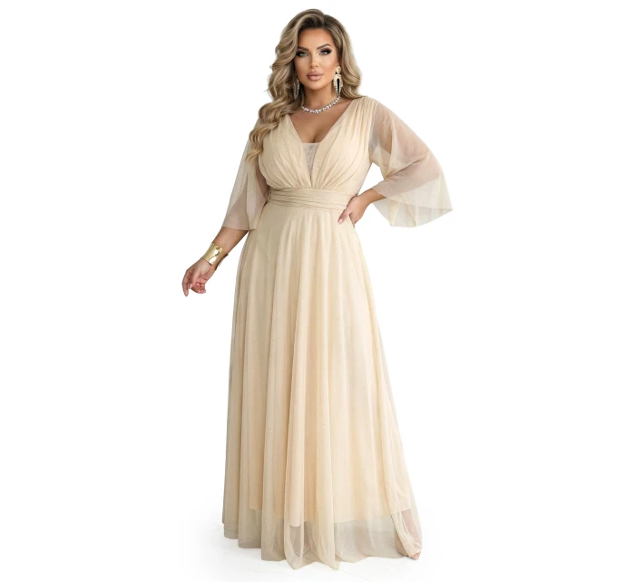 654-2 Dlouhé třpytivé plus size šaty s výstřihem a průhlednými rukávy - šampaňsko-béžové 654-2 Dlouhé třpytivé plus size šaty s výstřihem a průhlednými rukávy - šampaňsko-béžové