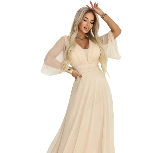654-2 Dlouhé třpytivé plus size šaty s výstřihem a průhlednými rukávy - šampaňsko-béžové 654-2 Dlouhé třpytivé plus size šaty s výstřihem a průhlednými rukávy - šampaňsko-béžové