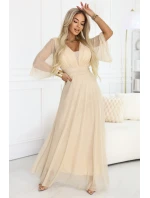 654-2 Dlouhé třpytivé plus size šaty s výstřihem a průhlednými rukávy - šampaňsko-béžové 654-2 Dlouhé třpytivé plus size šaty s výstřihem a průhlednými rukávy - šampaňsko-béžové