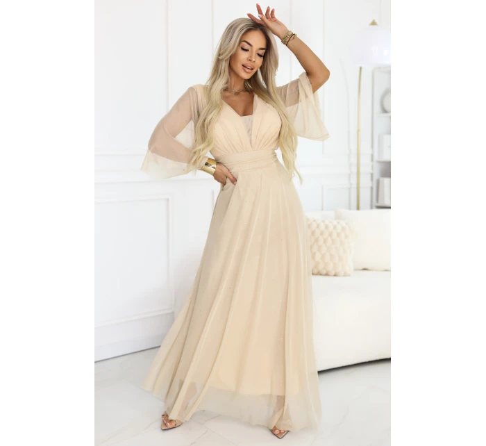 654-2 Dlouhé třpytivé plus size šaty s výstřihem a průhlednými rukávy - šampaňsko-béžové 654-2 Dlouhé třpytivé plus size šaty s výstřihem a průhlednými rukávy - šampaňsko-béžové