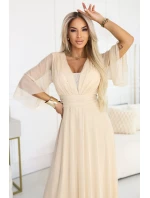 654-2 Dlouhé třpytivé plus size šaty s výstřihem a průhlednými rukávy - šampaňsko-béžové 654-2 Dlouhé třpytivé plus size šaty s výstřihem a průhlednými rukávy - šampaňsko-béžové