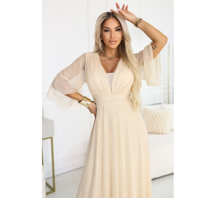654-2 Dlouhé třpytivé plus size šaty s výstřihem a průhlednými rukávy - šampaňsko-béžové 654-2 Dlouhé třpytivé plus size šaty s výstřihem a průhlednými rukávy - šampaňsko-béžové